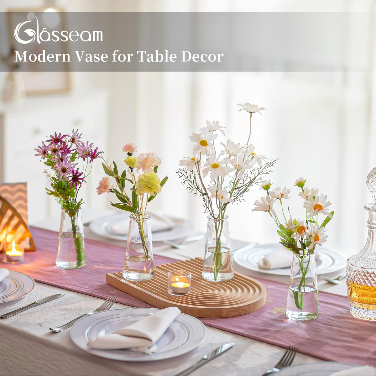 Glasseam durable soda-lime glass vase with wide base resists tipping.