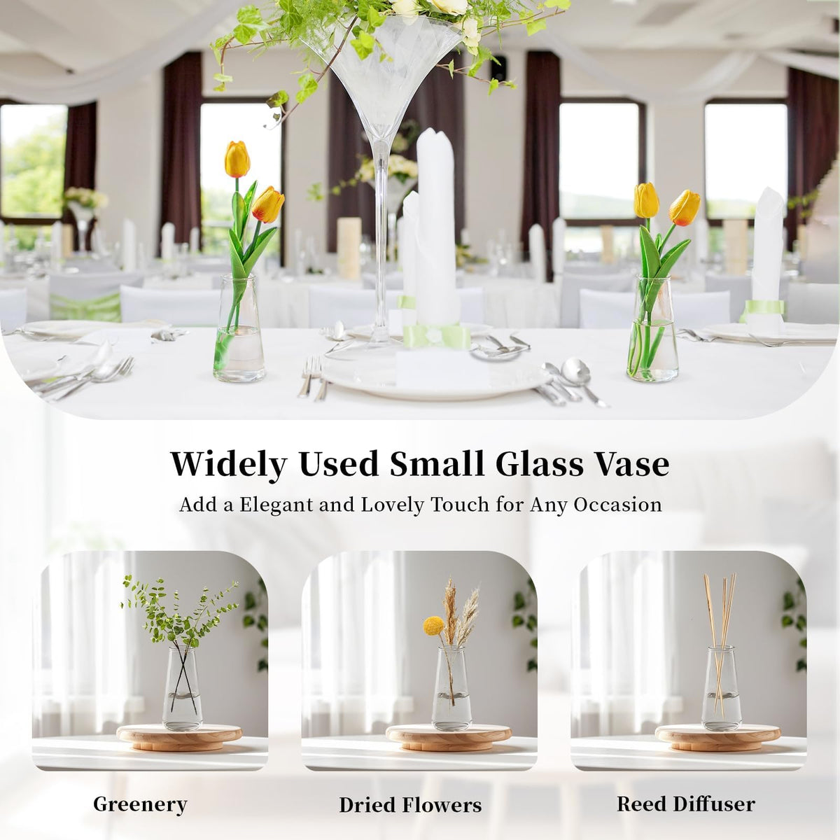 Glasseam minimalist clear vase highlights flowers as the focal point.