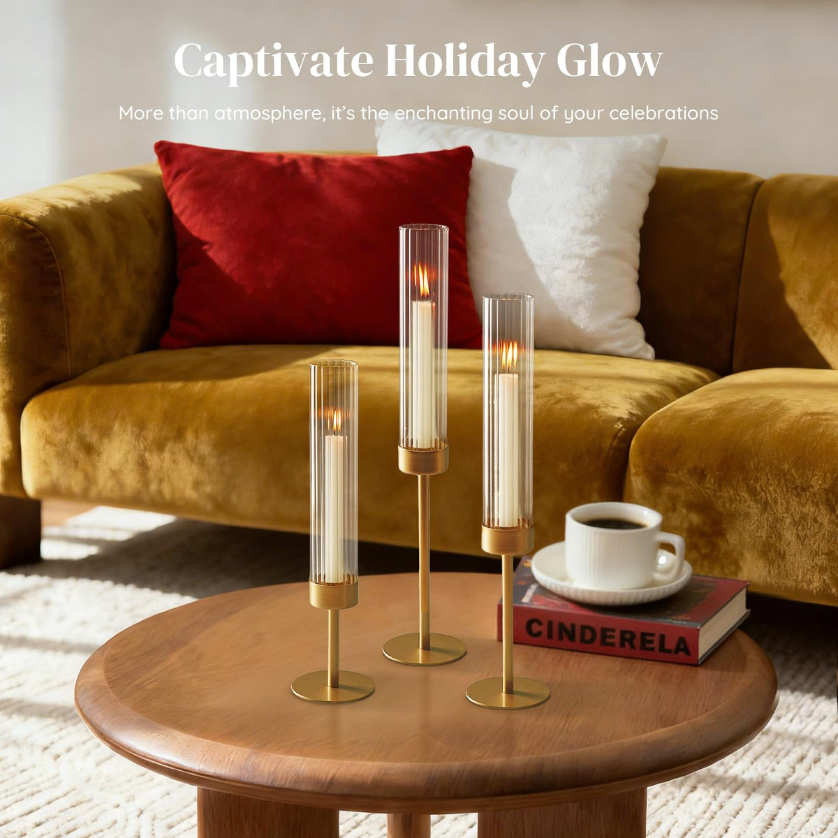 Glasseam 9.06-inch tall brass candle holder with glass chimney for centerpiece glow.