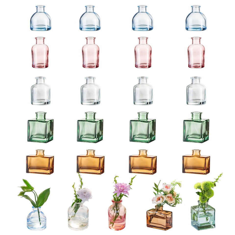 Glasseam mini bud vase centerpieces highlight colorful blooms.