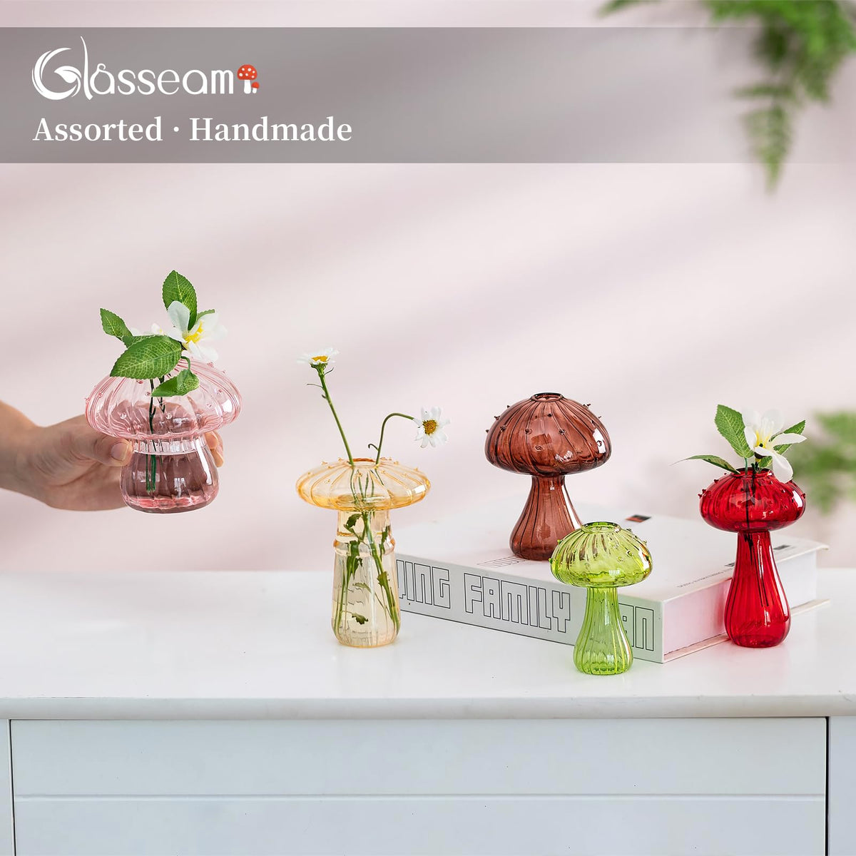 Glasseam mushroom propagation vase opening upgrade highlights easier stem placement for elegant arrangements