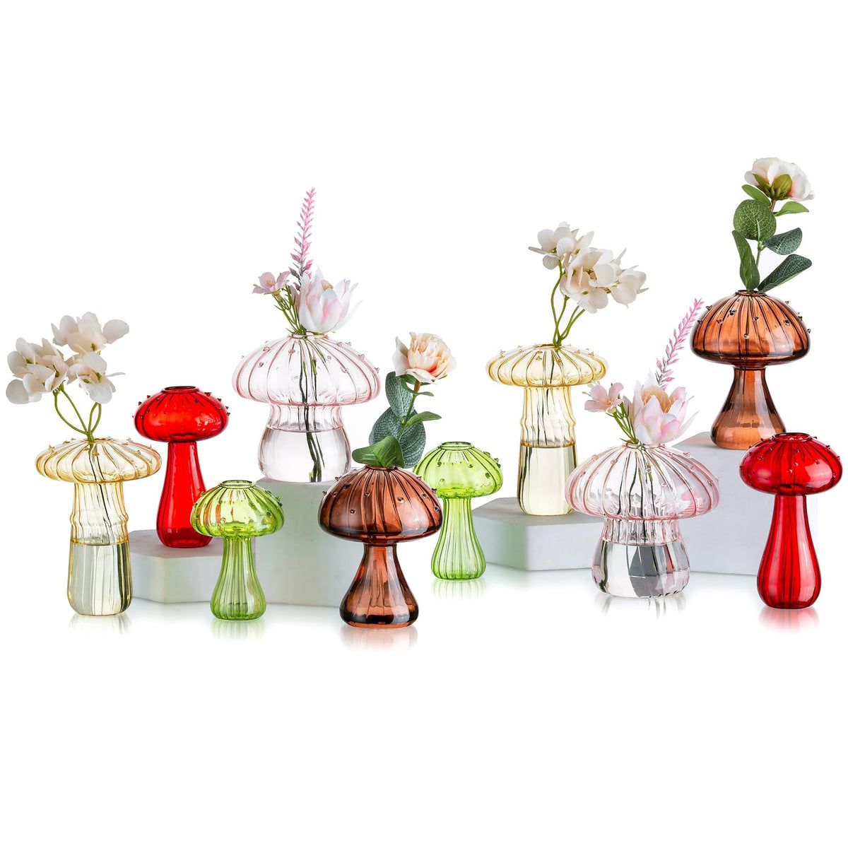Glasseam mushroom propagation vase with varied shapes adds color to shelves and bedrooms