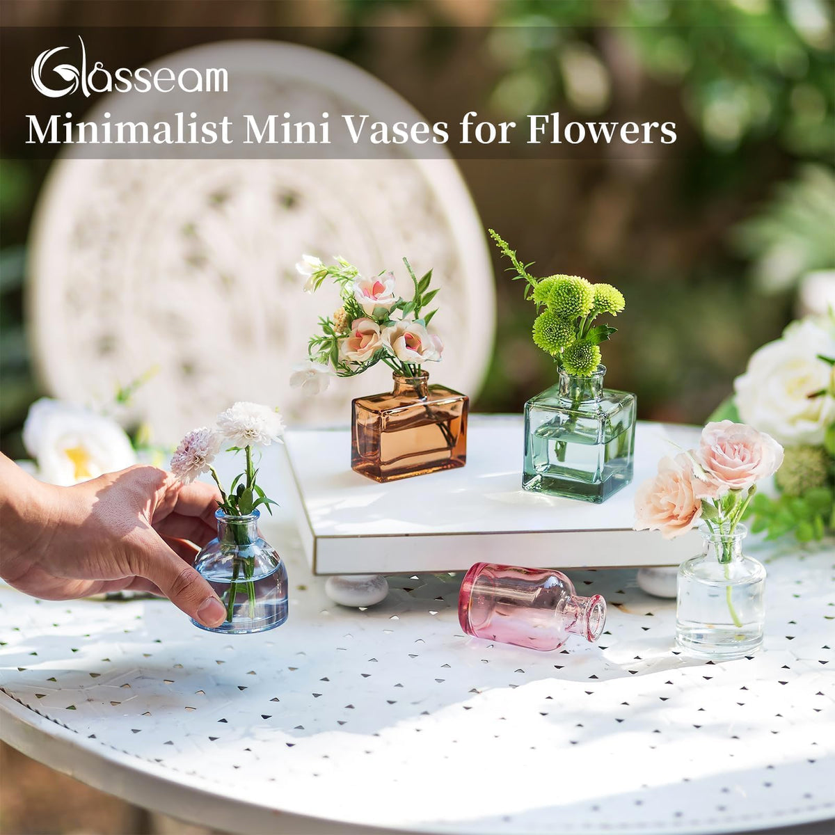 Glasseam reed diffuser alternative vase for fragrance display.