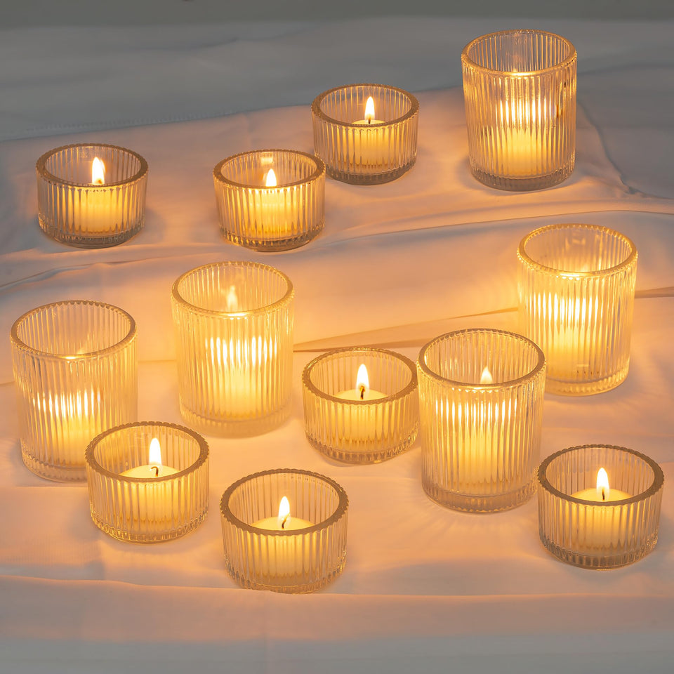 Glasseam ribbed votive holder 2-inch creates warm ambient glow.