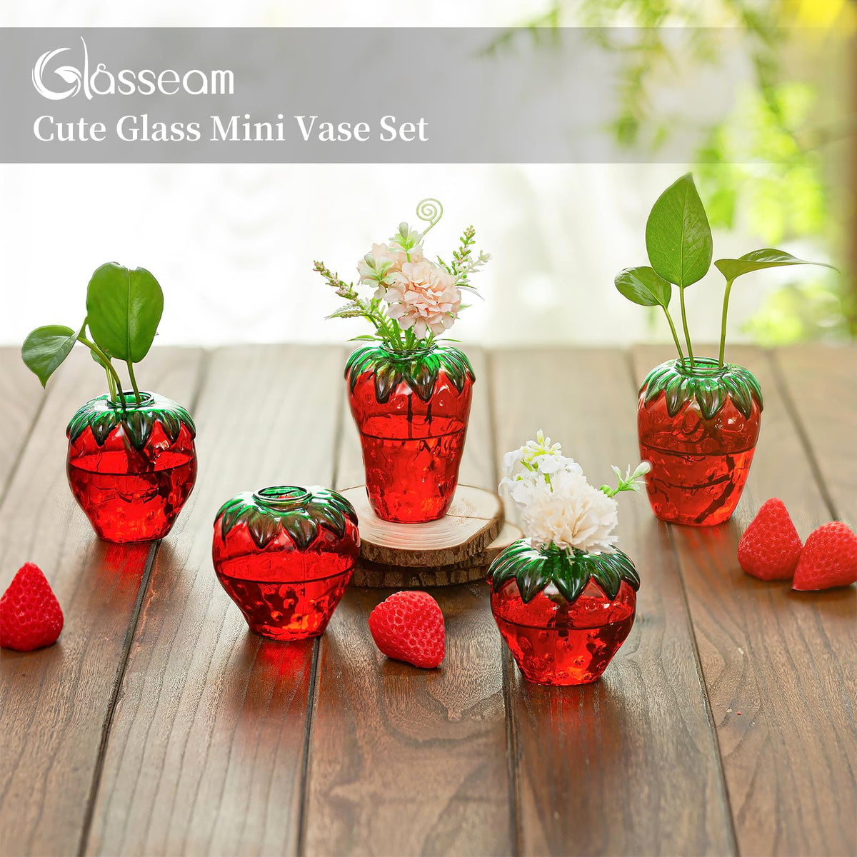 Glasseam strawberry propagation vase dining table centerpiece adds cheerful color.