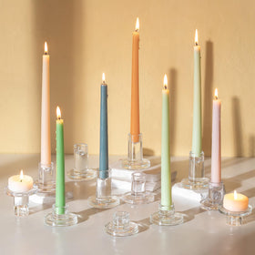 Glasseam taper candle holders with three heights create a balanced centerpiece.