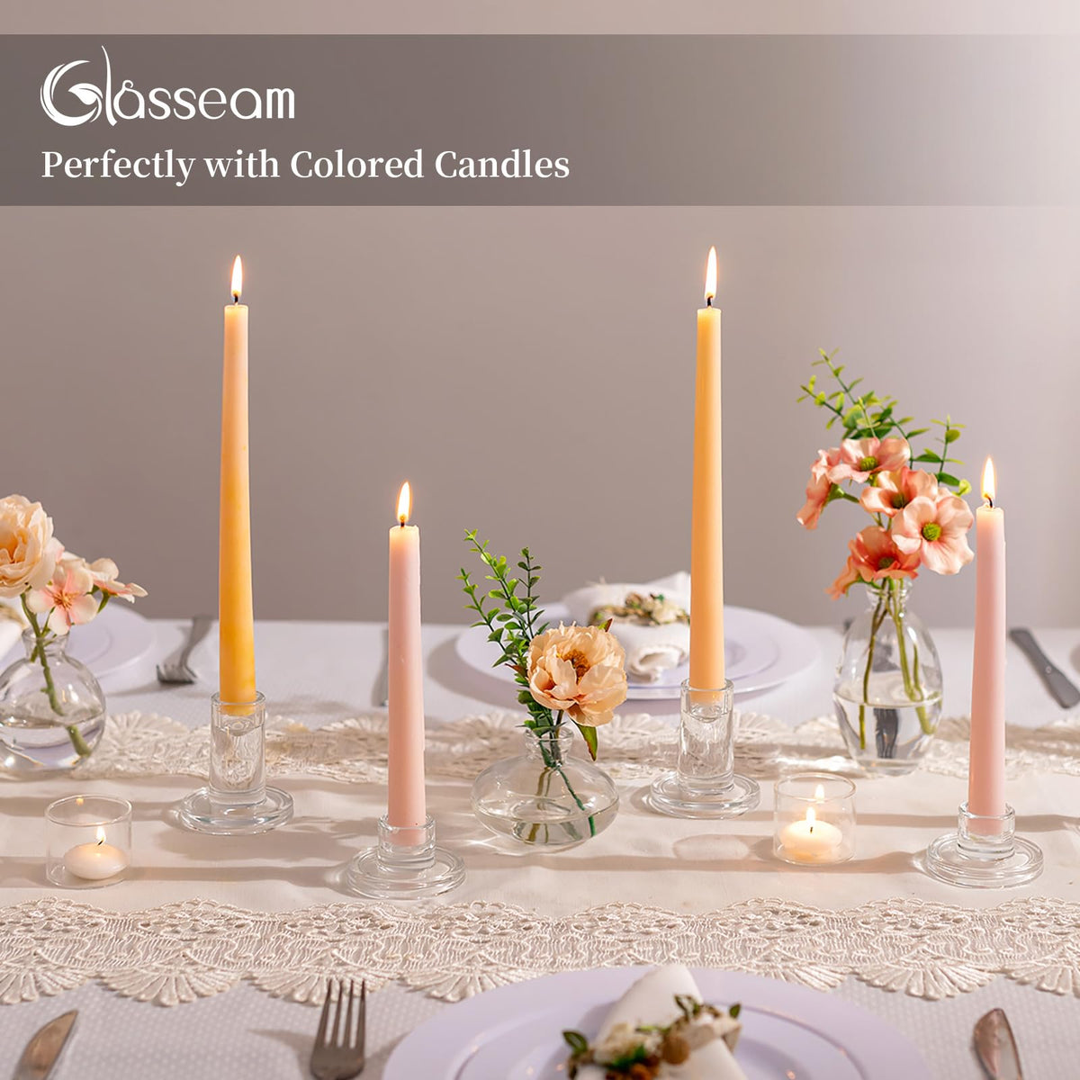 Side view of Glasseam holders showing staggered heights for elegant tablescape.