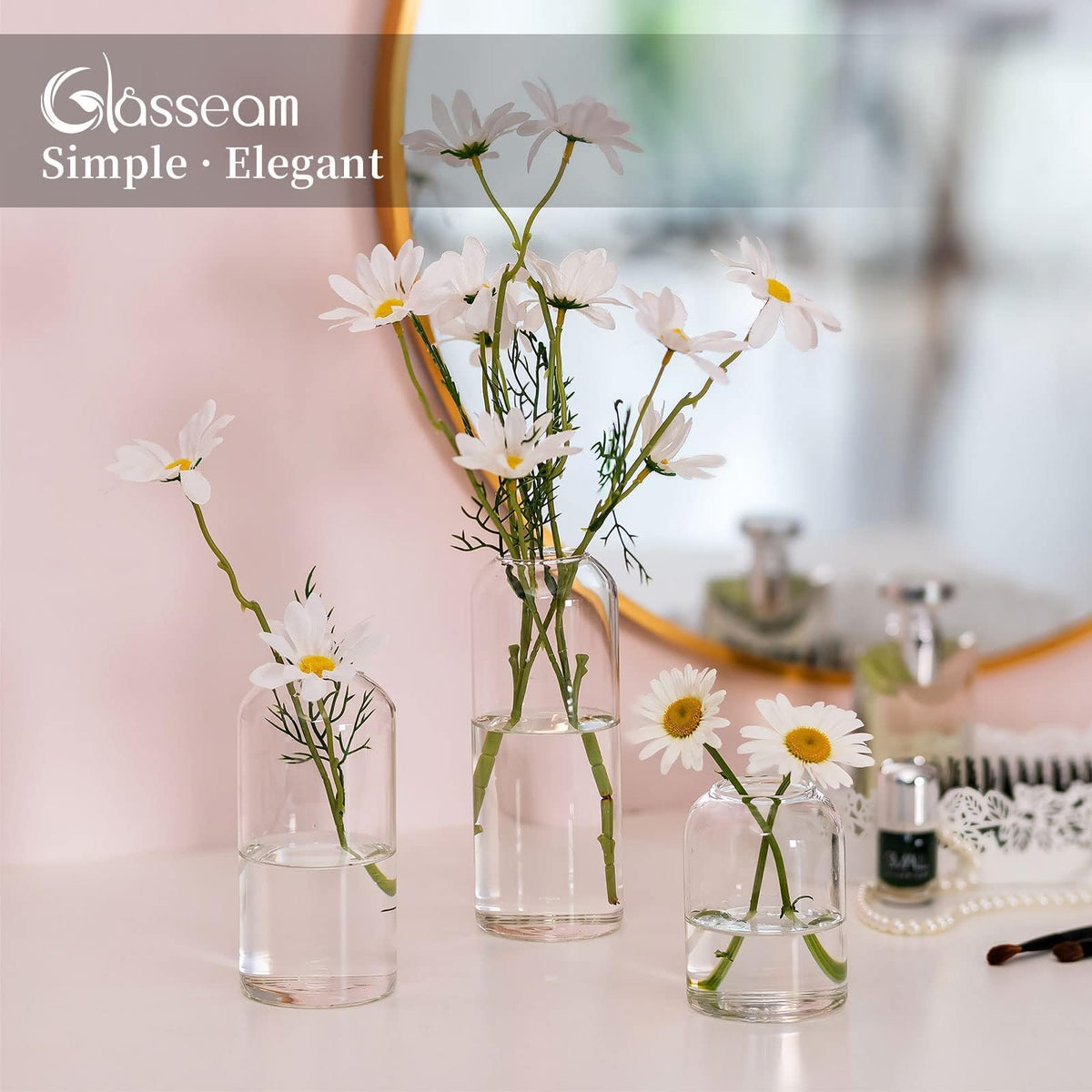 Three-size Glasseam vase set for varied tablescapes.