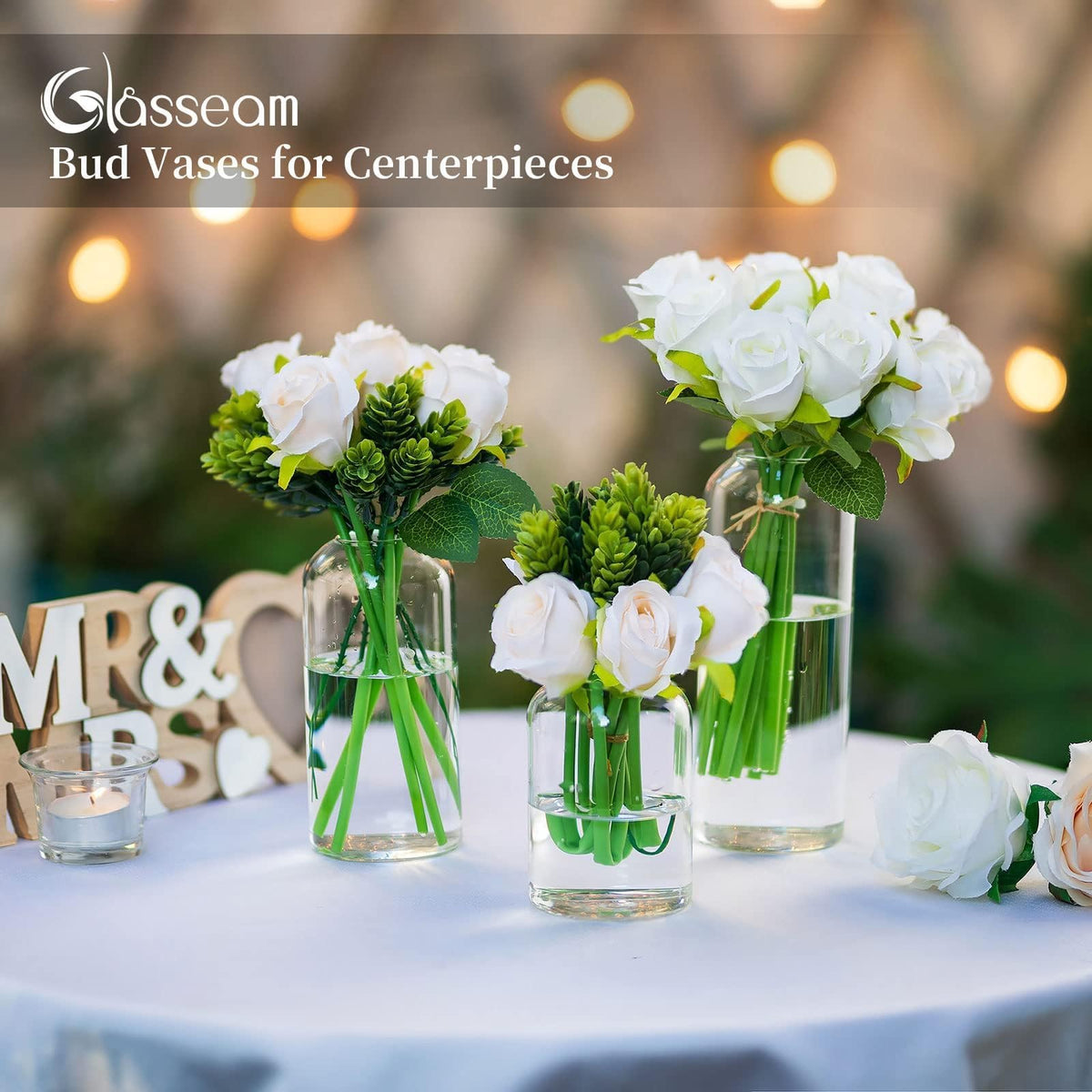 Glasseam clear wedding centerpiece vase for elegant reception tables.