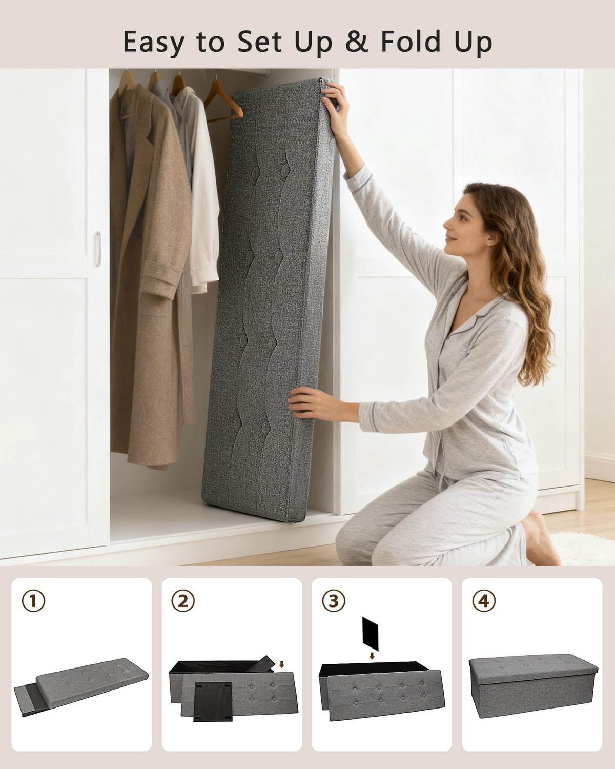 GLAXYFUR end-of-bed setup providing seating and hidden storage in a bedroom