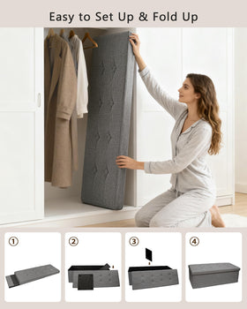 GLAXYFUR end-of-bed setup providing seating and hidden storage in a bedroom