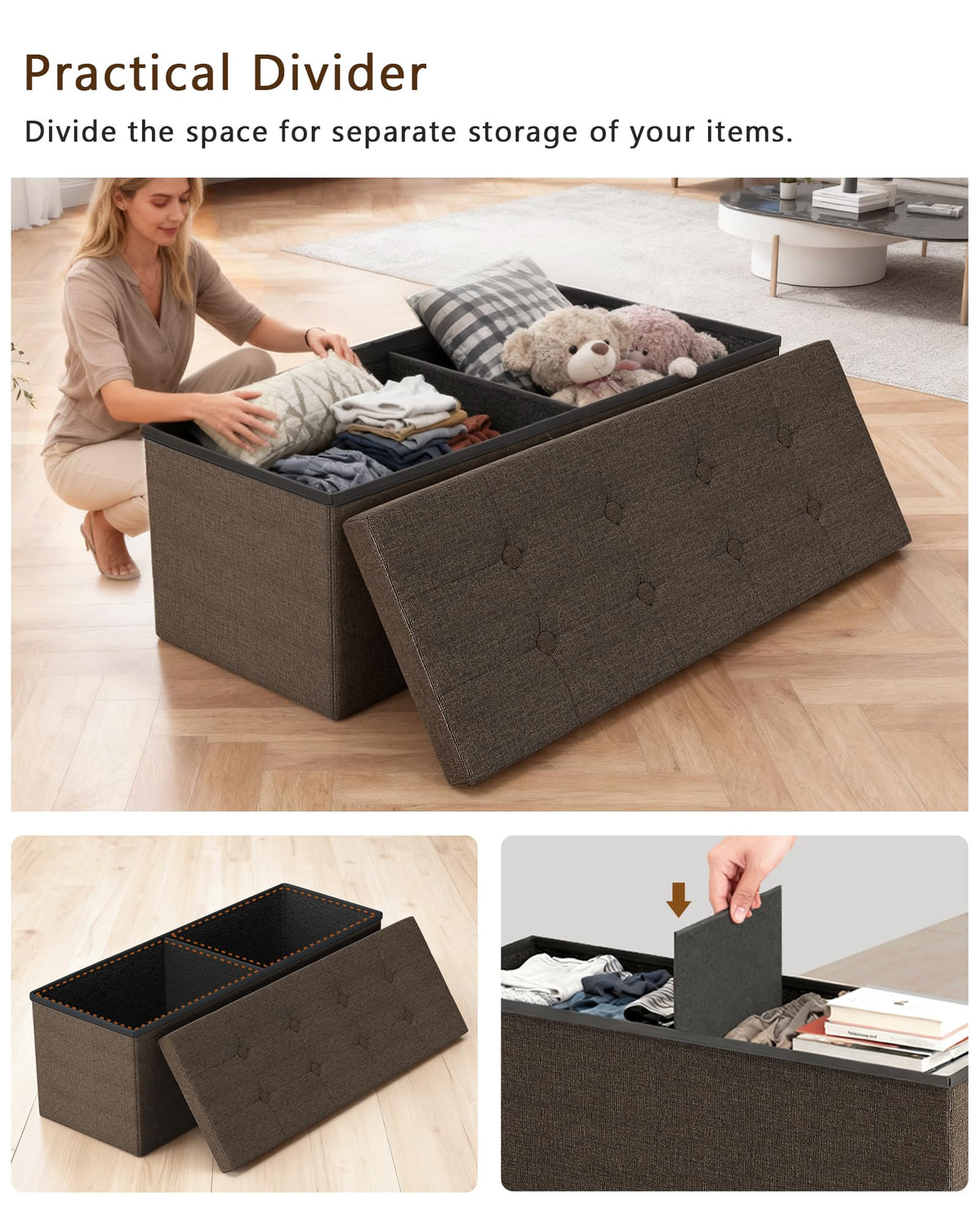GLAXYFUR removable divider storage ottoman keeps blankets and books neatly organized.