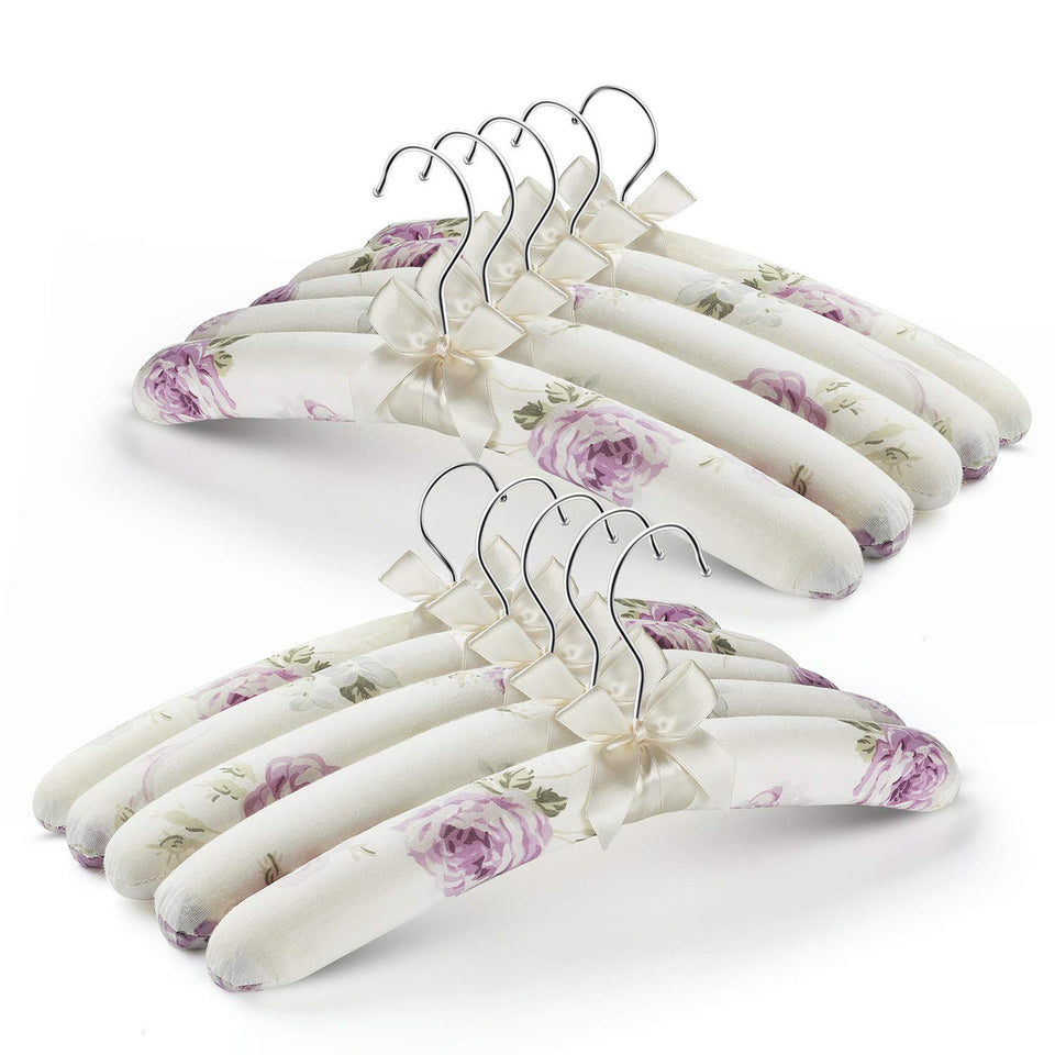 GLCON anti-slip satin padded hanger with floral canvas cover protecting delicate dresses