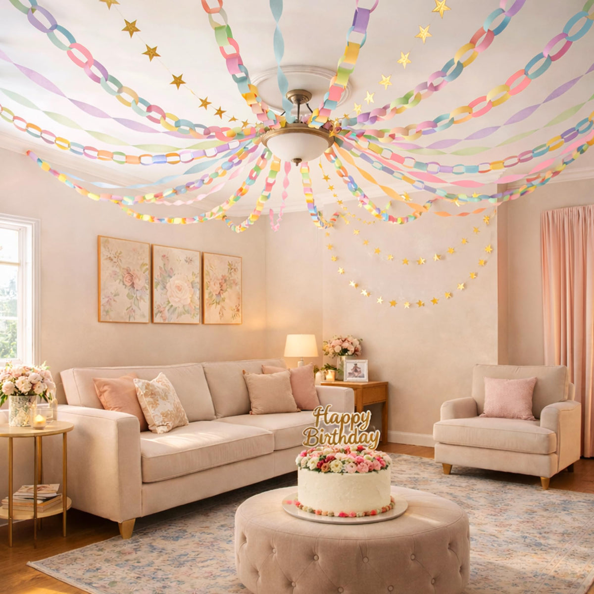 Gleebixi gold star garland provides a sparkling focal point for party displays.