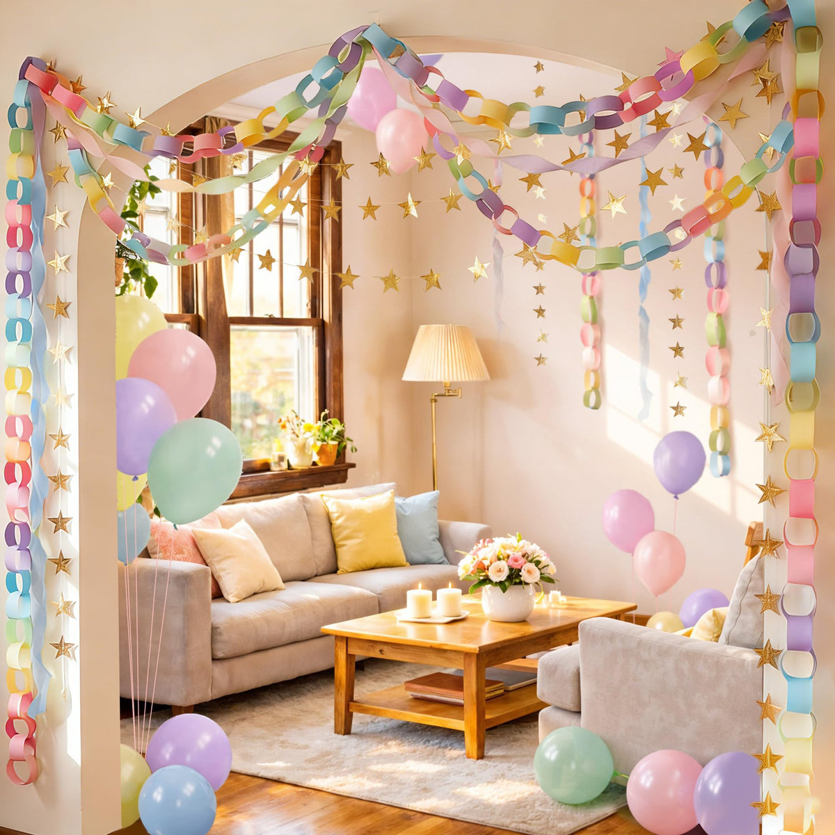 Gleebixi in-use photo backdrop setup for a pastel party