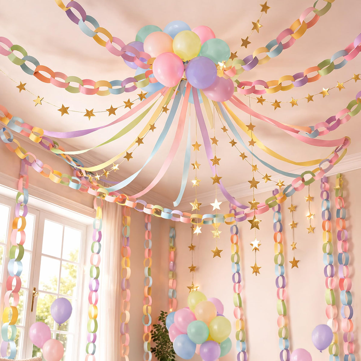 Gleebixi pastel streamers forming layered party decor for a photo backdrop
