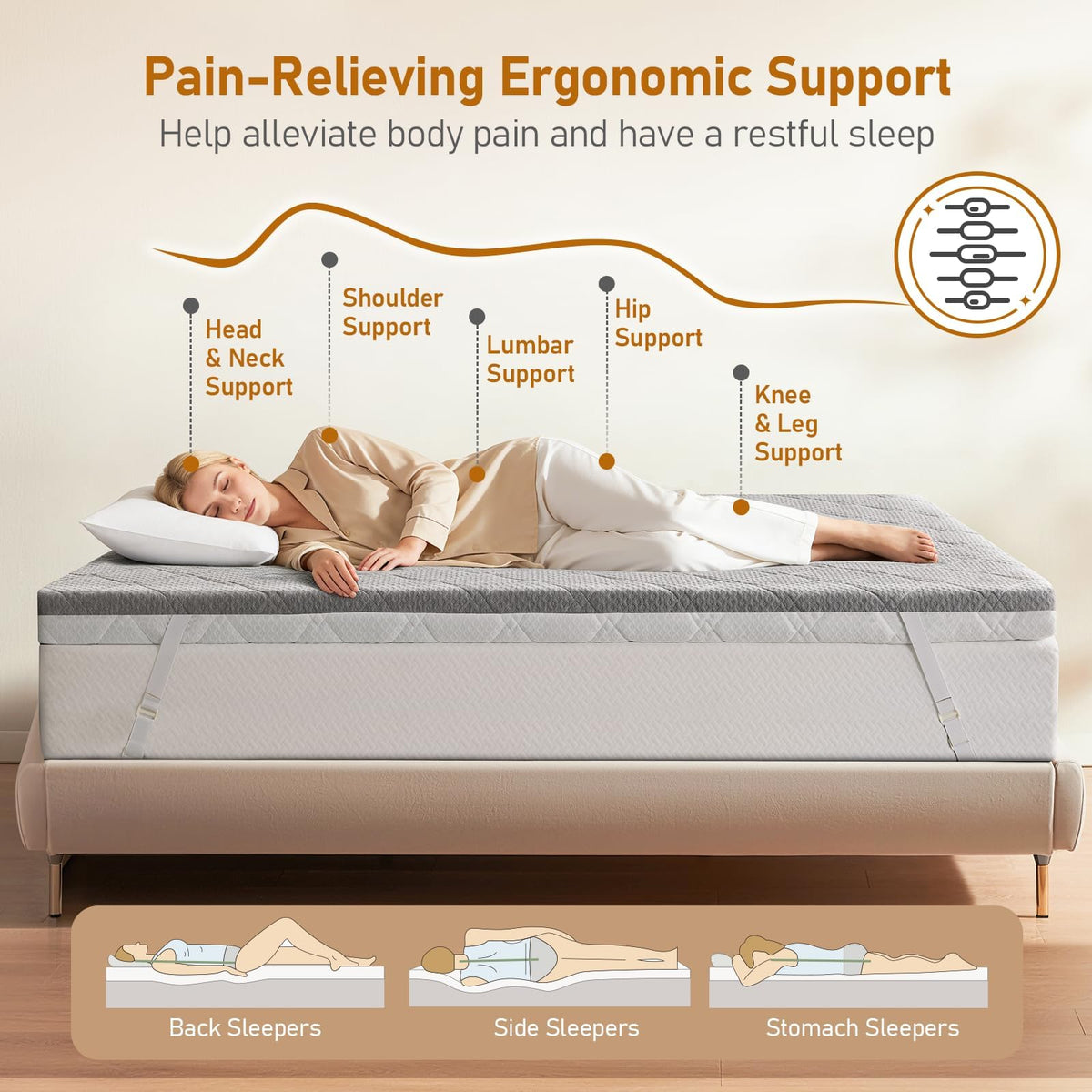 Glendan anti-slip backing with straps keeps topper secure during sleep.