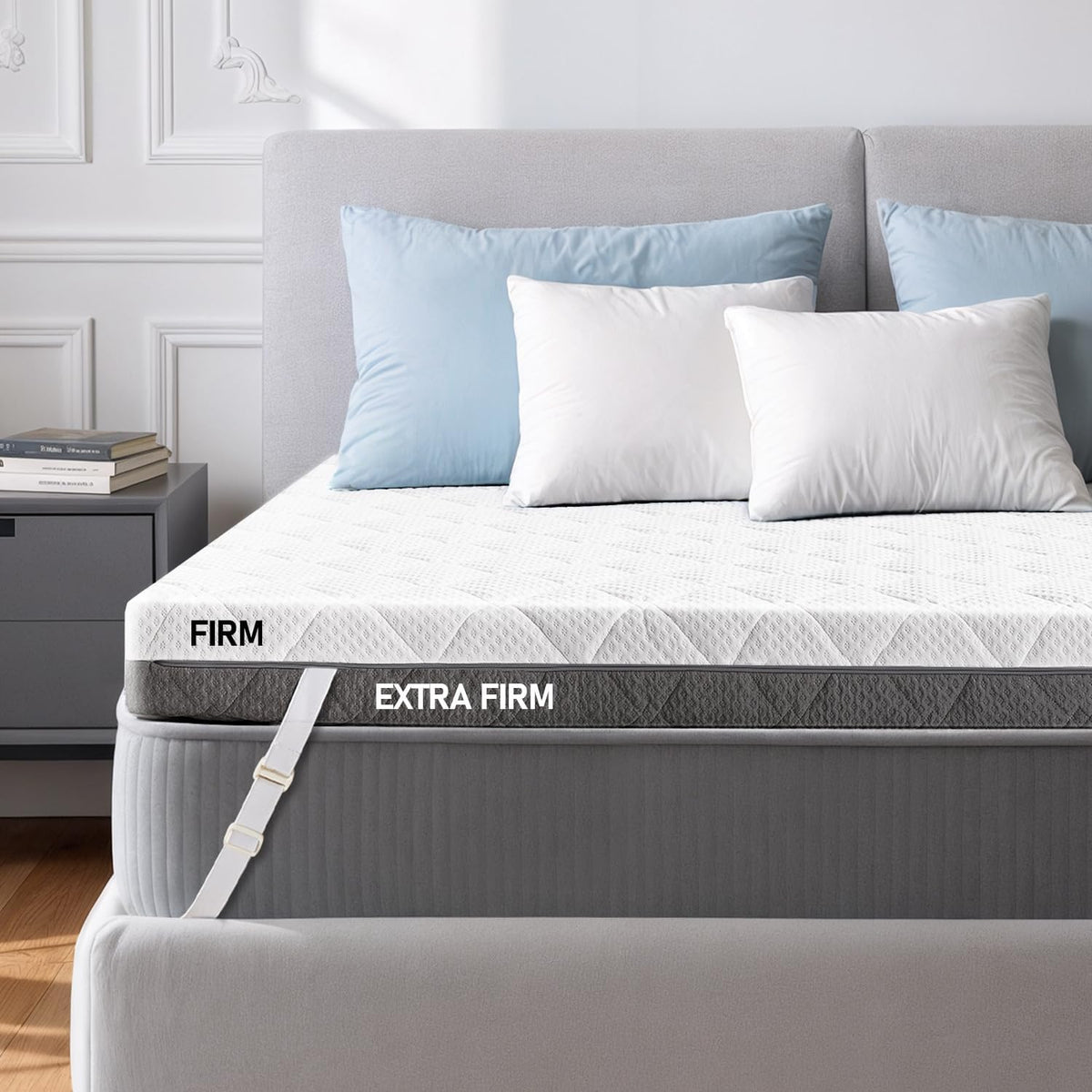 Glendan extra firm queen topper on bed for enhanced support.
