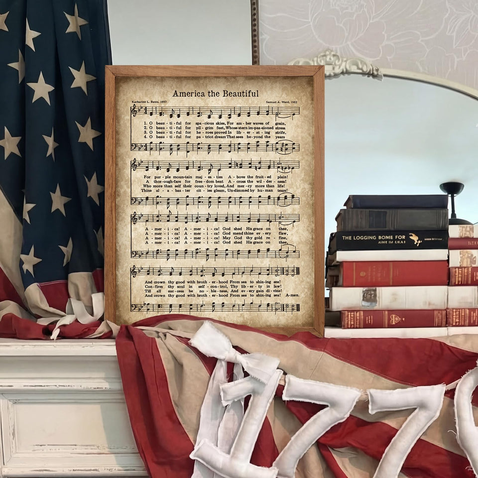 Glenmal America the Beautiful wall art with vintage sheet music for a patriotic home display.