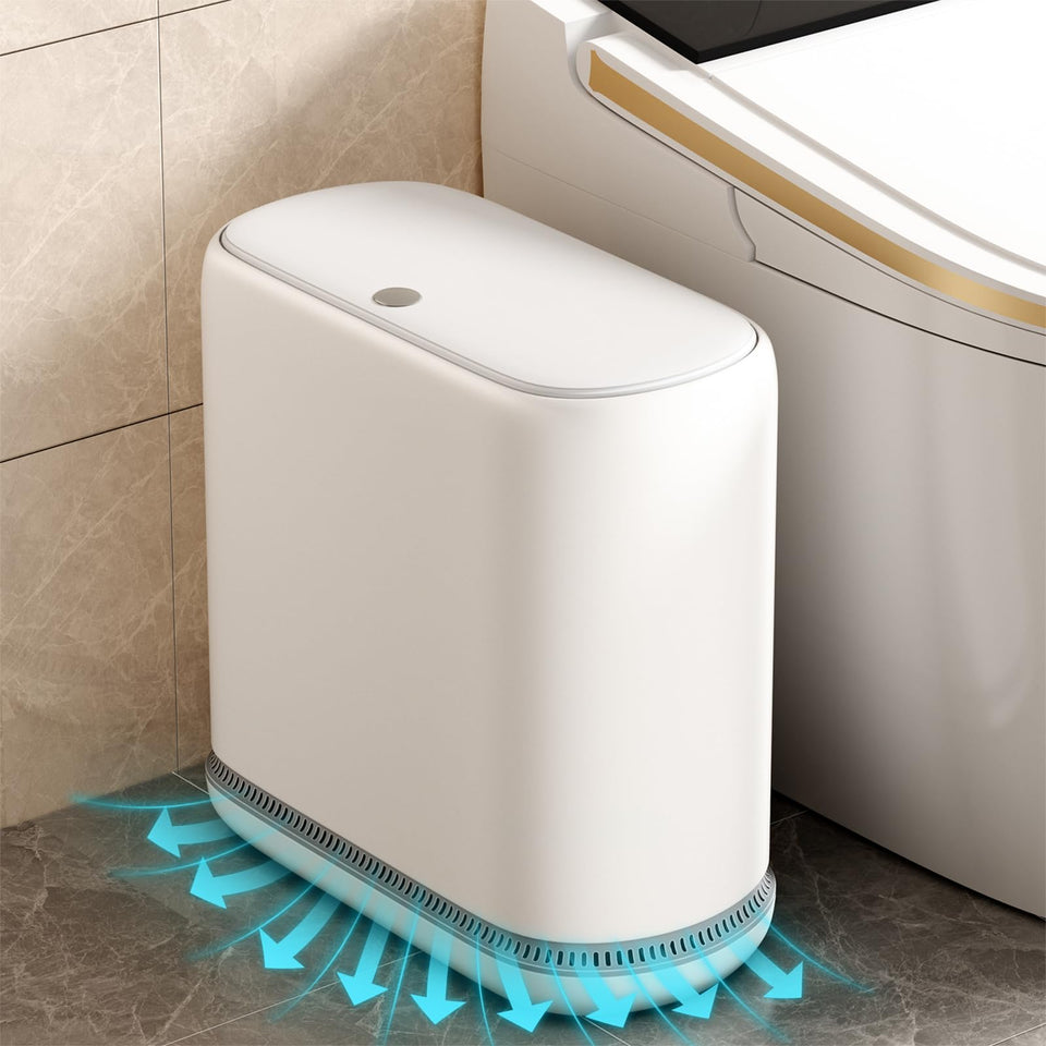 Gleynest small bathroom trash can with lid fits tight spaces and keeps odors contained.