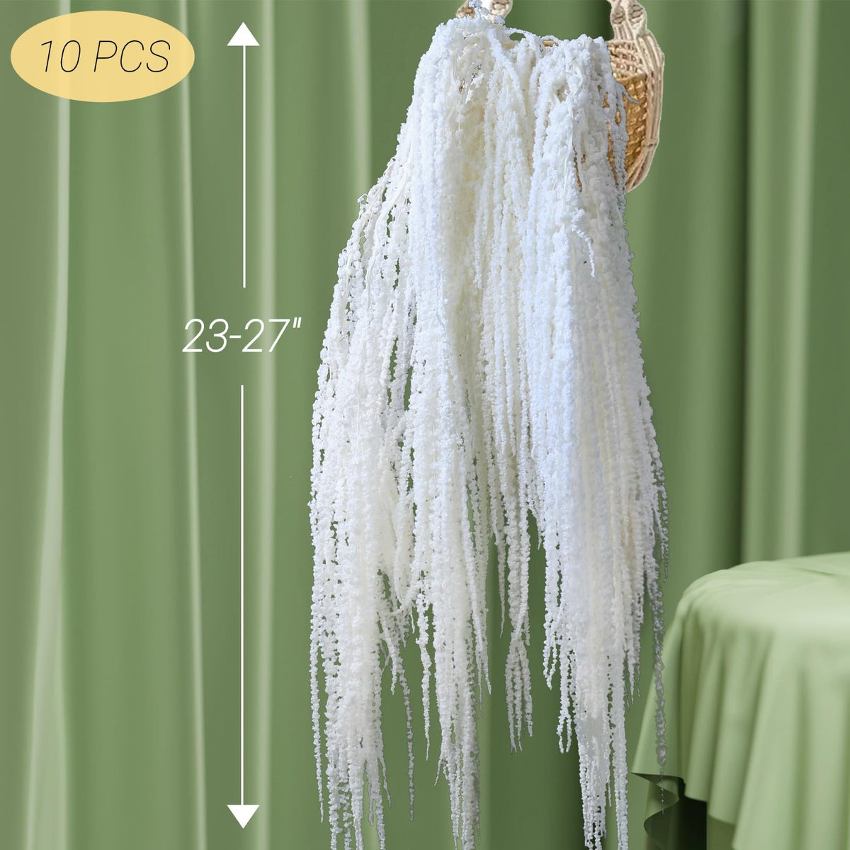 Glicrili bleached white amaranthus hanging flowers for wall décor and garlands with lasting color.