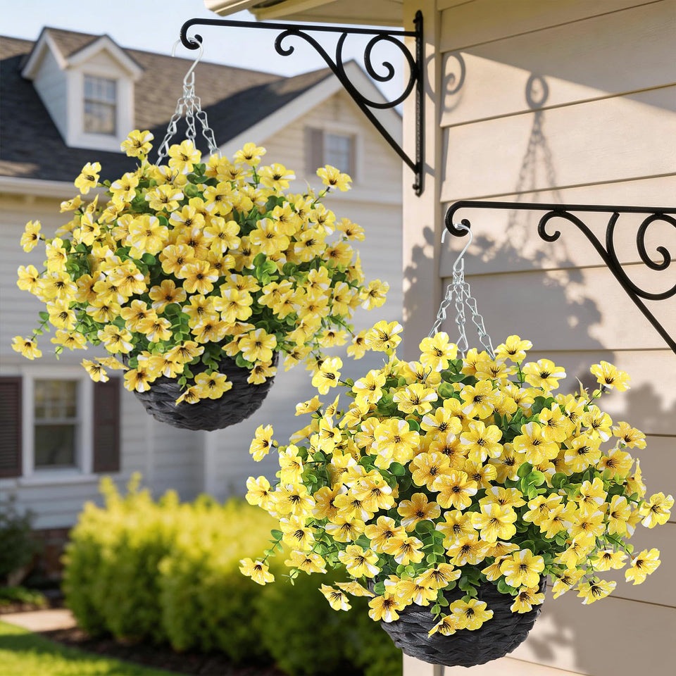 GLIDLION artificial flower and eucalyptus hanging basket, yellow 2-pack for year-round yard decor