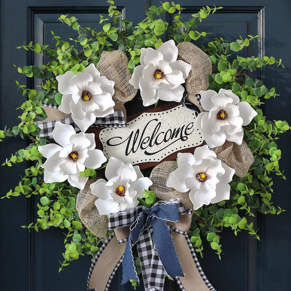 GLIDLION artificial magnolia and eucalyptus wreath for front door display—year-round curb appeal.