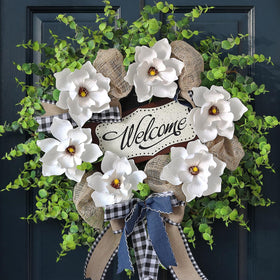 GLIDLION artificial magnolia and eucalyptus wreath for front door display—year-round curb appeal.