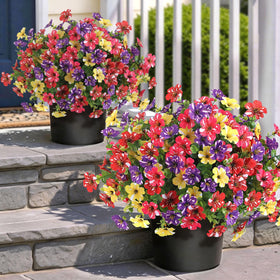 GLIDLION artificial morning glory topiary at the front door with vibrant, maintenance-free color.