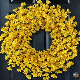 GLIDLION 24-inch artificial yellow forsythia wreath on front door boosts curb appeal.