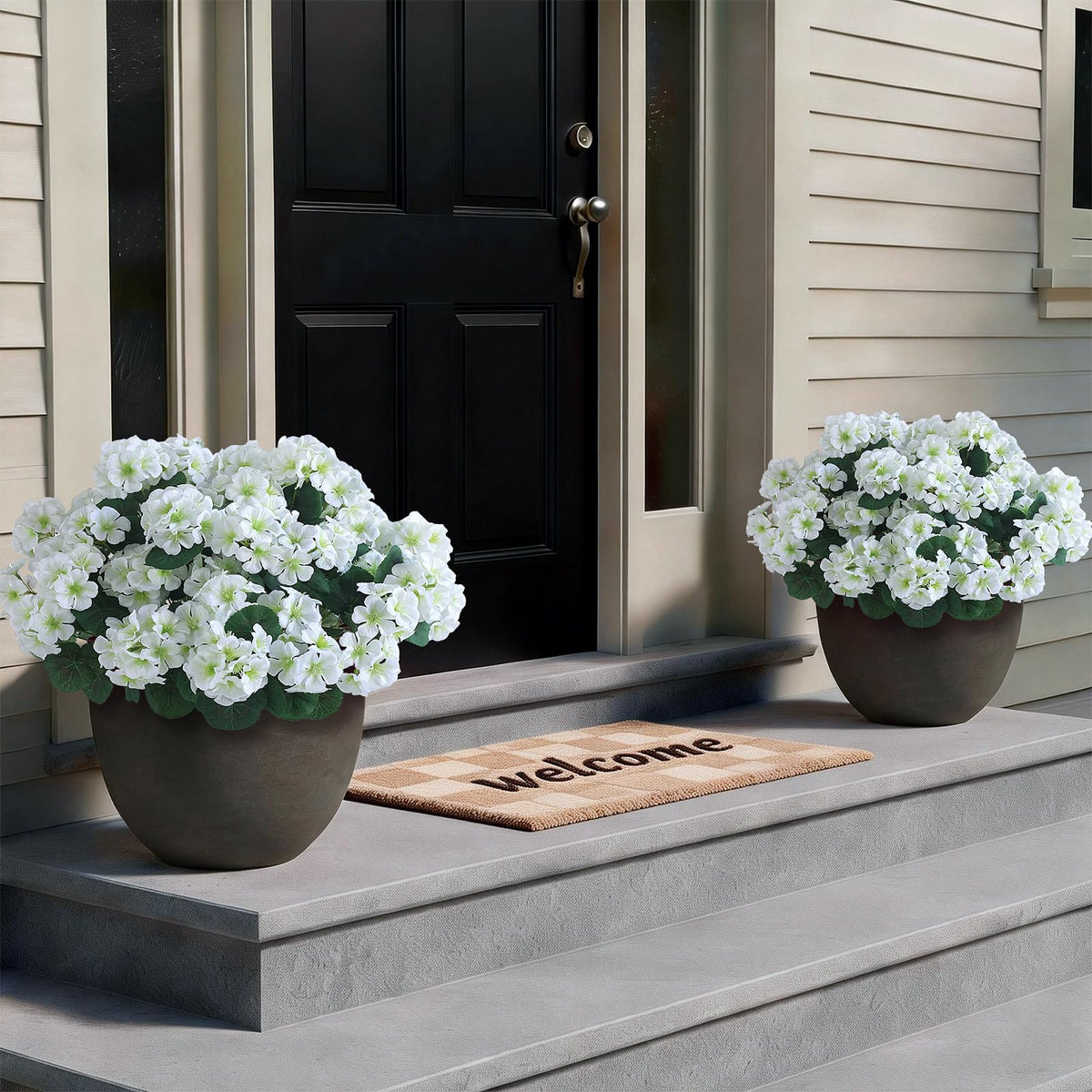 GLIDLION vibrant white geraniums brighten doorways with farmhouse appeal.