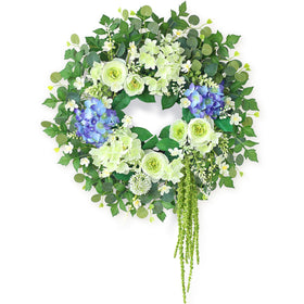GLIDLION hydrangea and eucalyptus wreath on front door enhances curb appeal.