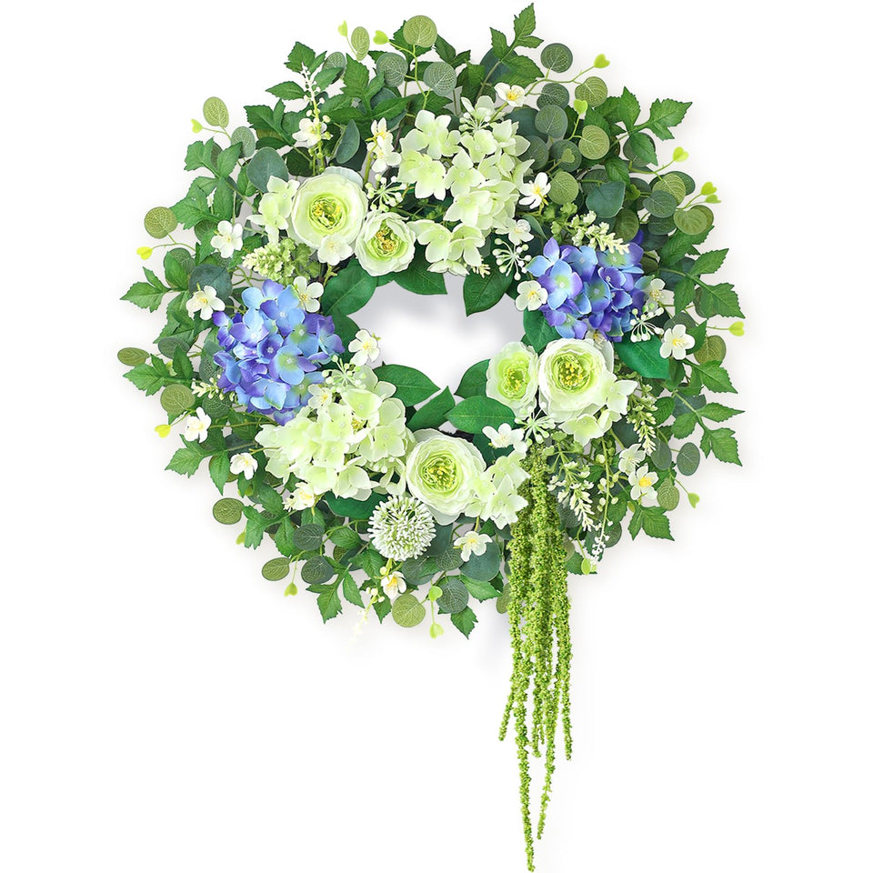 GLIDLION hydrangea and eucalyptus wreath on front door enhances curb appeal.
