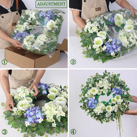 GLIDLION hydrangea and eucalyptus wreath features durable silk flowers for indoor or outdoor use.