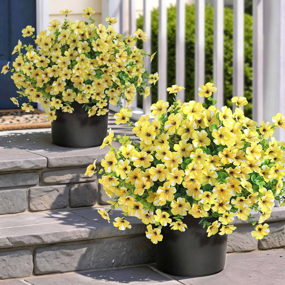 GLIDLION morning glory topiary with yellow petals and eucalyptus leaves for a sunny front door.
