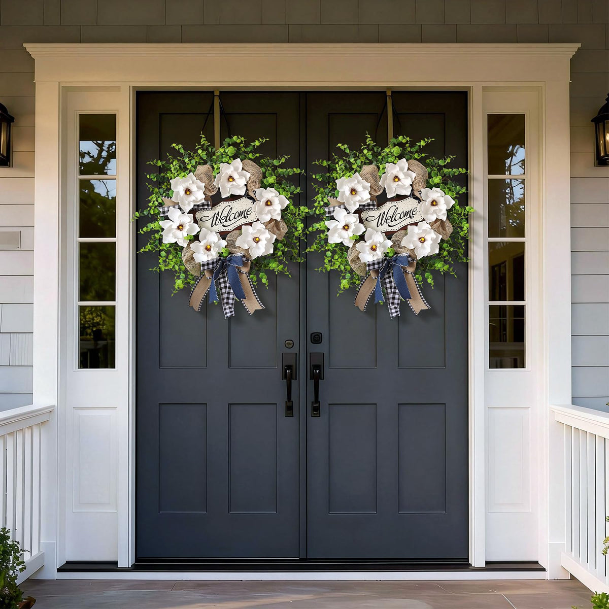 GLIDLION silk magnolia flowers and eucalyptus leaves wreath—UV resistant for outdoor use.
