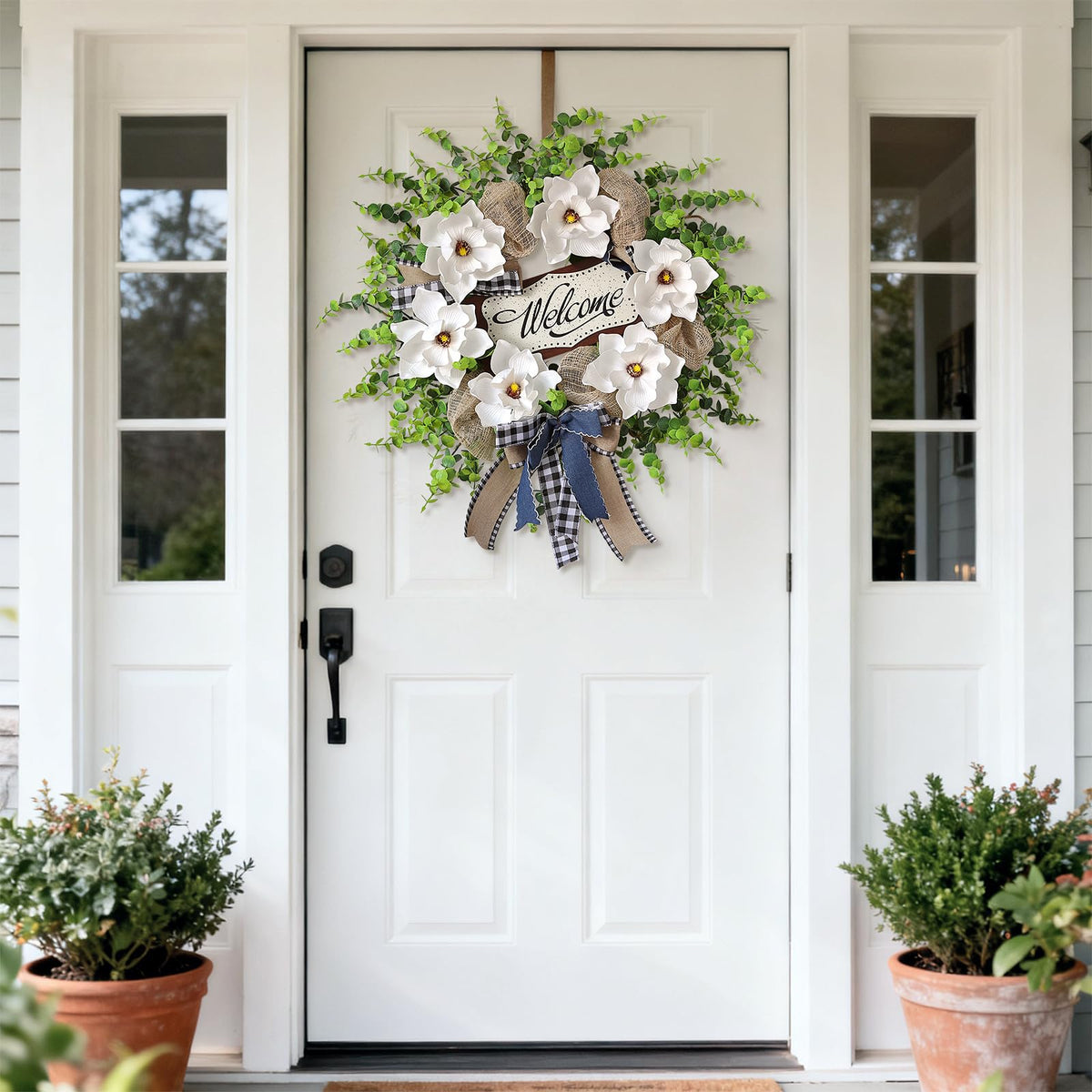 GLIDLION 24-inch magnolia and eucalyptus wreath with welcome sign—entryway focal point.
