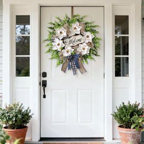 GLIDLION 24-inch magnolia and eucalyptus wreath with welcome sign—entryway focal point.