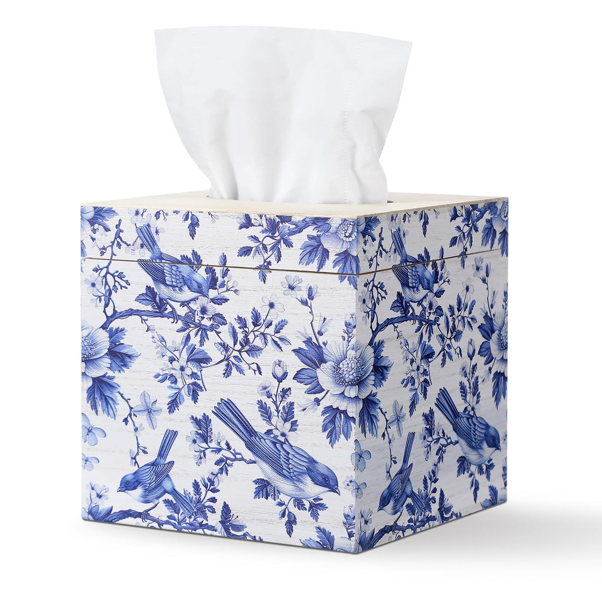 GlikCeil blue and white floral bird tissue box cover adds elegant decor to living rooms.