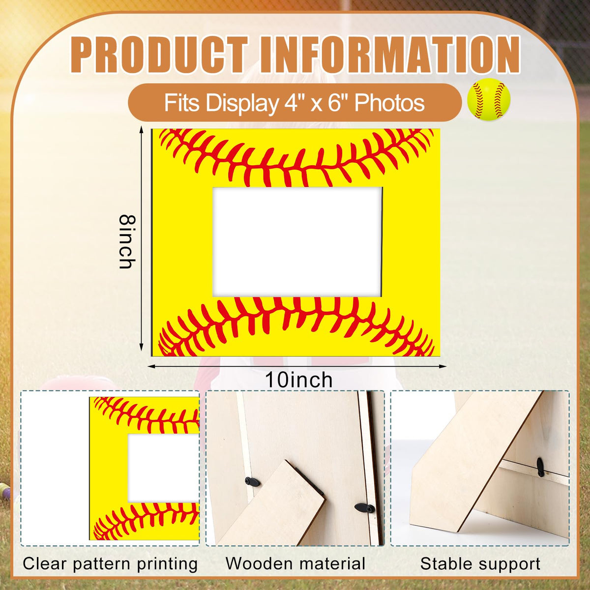 GlikCeil softball-pattern frame 4x6 display fits memories on desk or shelf