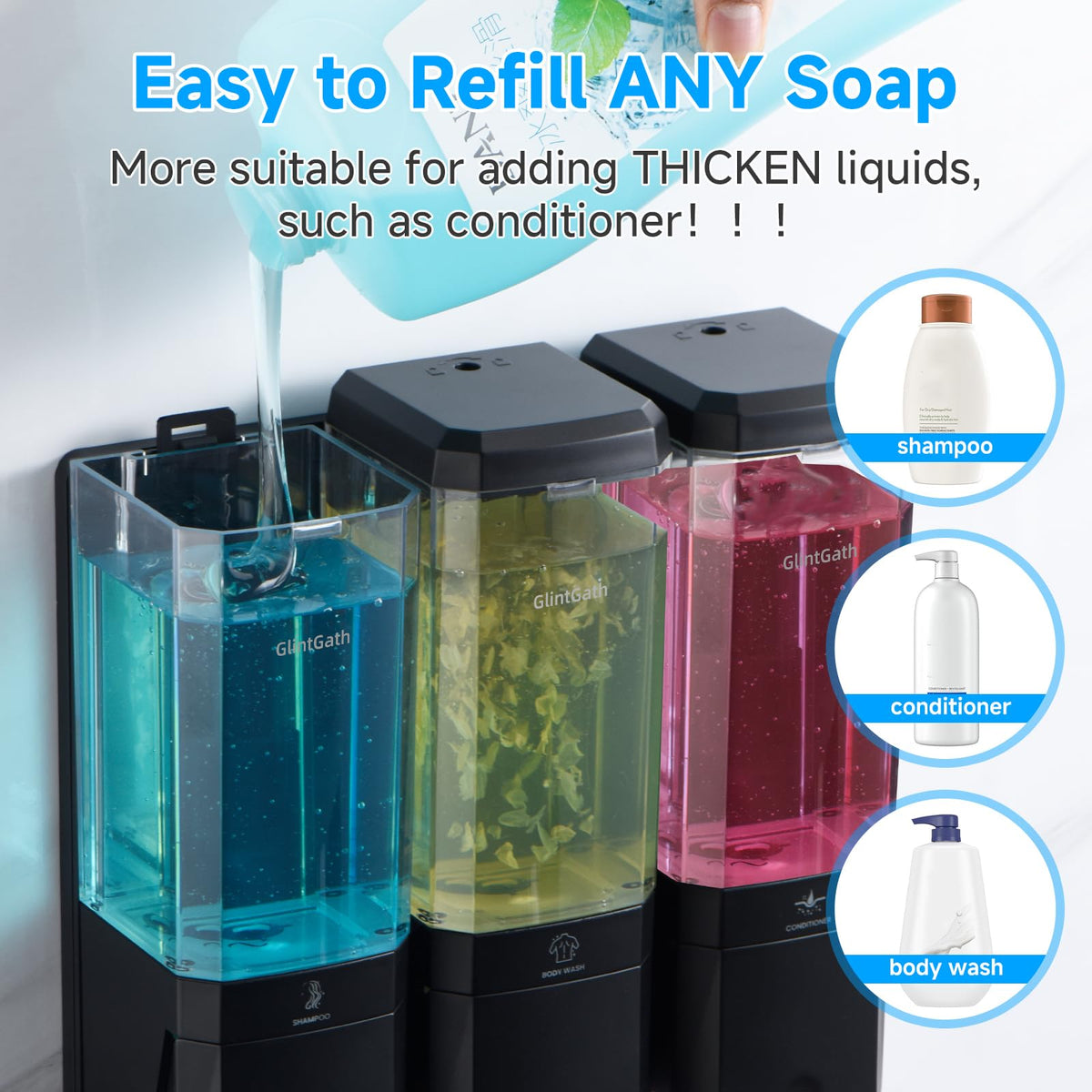 Hotel bathroom setup featuring GlintGath dispenser for organized amenities.