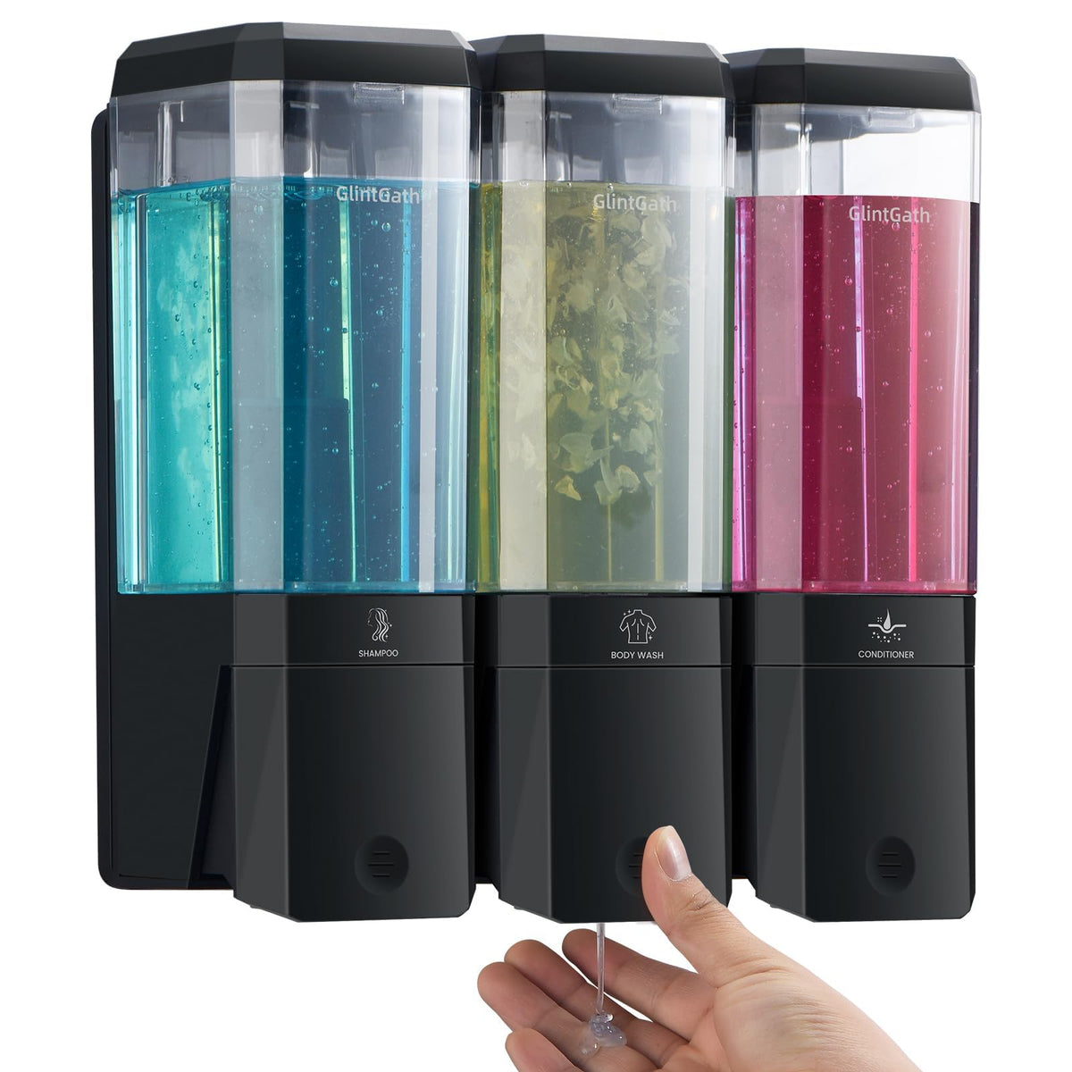 GlintGath shampoo dispenser front view with clean lines and large capacity.