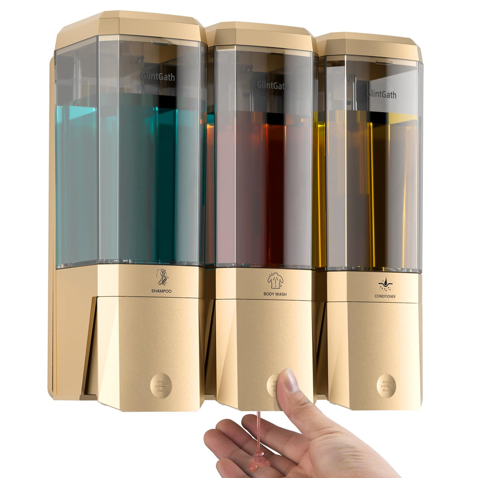 GlintGath shampoo dispenser with large-button pump for easy dispensing.