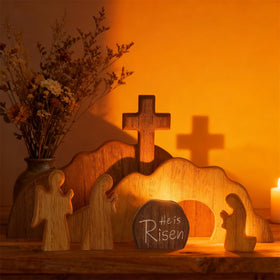 Glintoper wooden easter display – seven-piece scene with tomb and cross for mantel or shelf