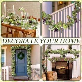 Glitinsel grape leaf garland on mantel creates a Tuscan-inspired focal point.