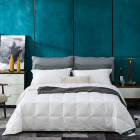 Globon Summer Down Comforter solid white shell, soft and breathable for hot sleepers.