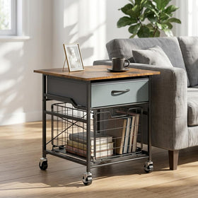 GloCryp Mini Fridge Stand doubles as an end table beside the sofa for convenience.