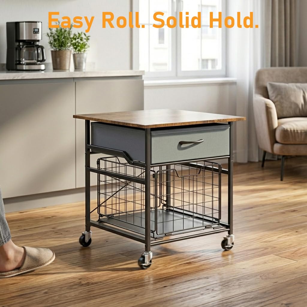 GloCryp Mini Fridge Stand with a fabric drawer for quick snacks near a fridge.