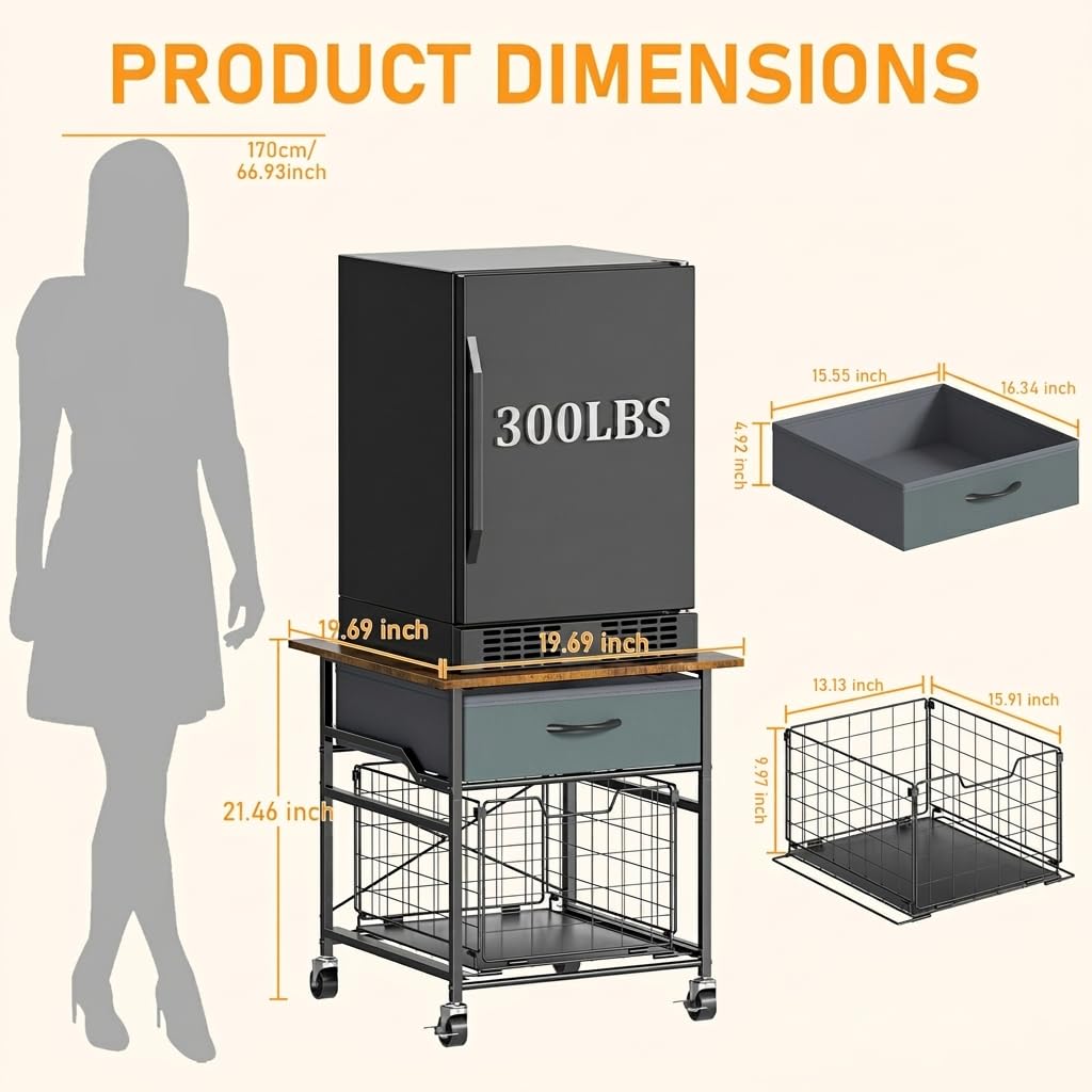GloCryp Mini Fridge Stand metal basket holds beverages and groceries for easy access.