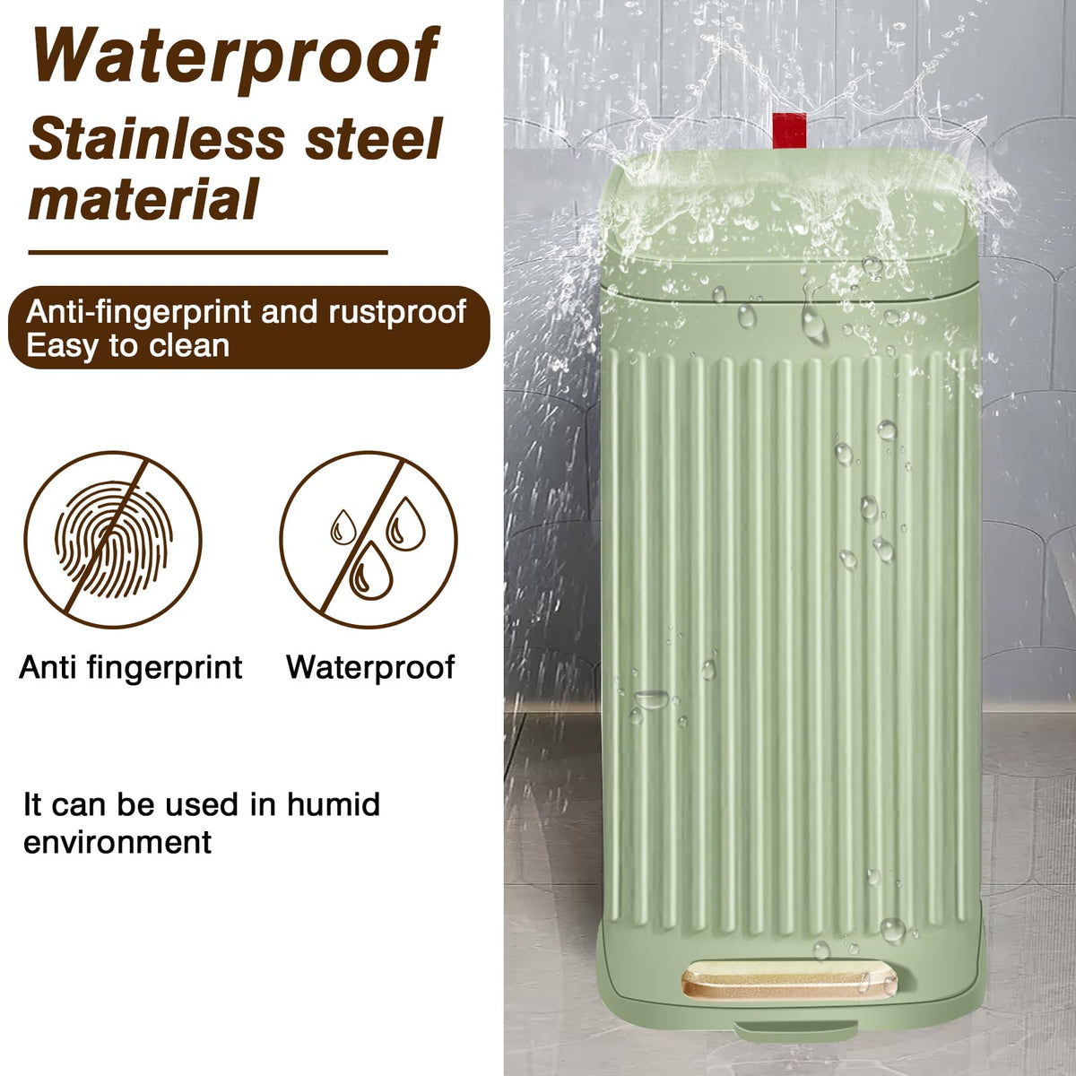 GloDeals slim rectangular trash bin fits tight spaces between toilet and cabinet.
